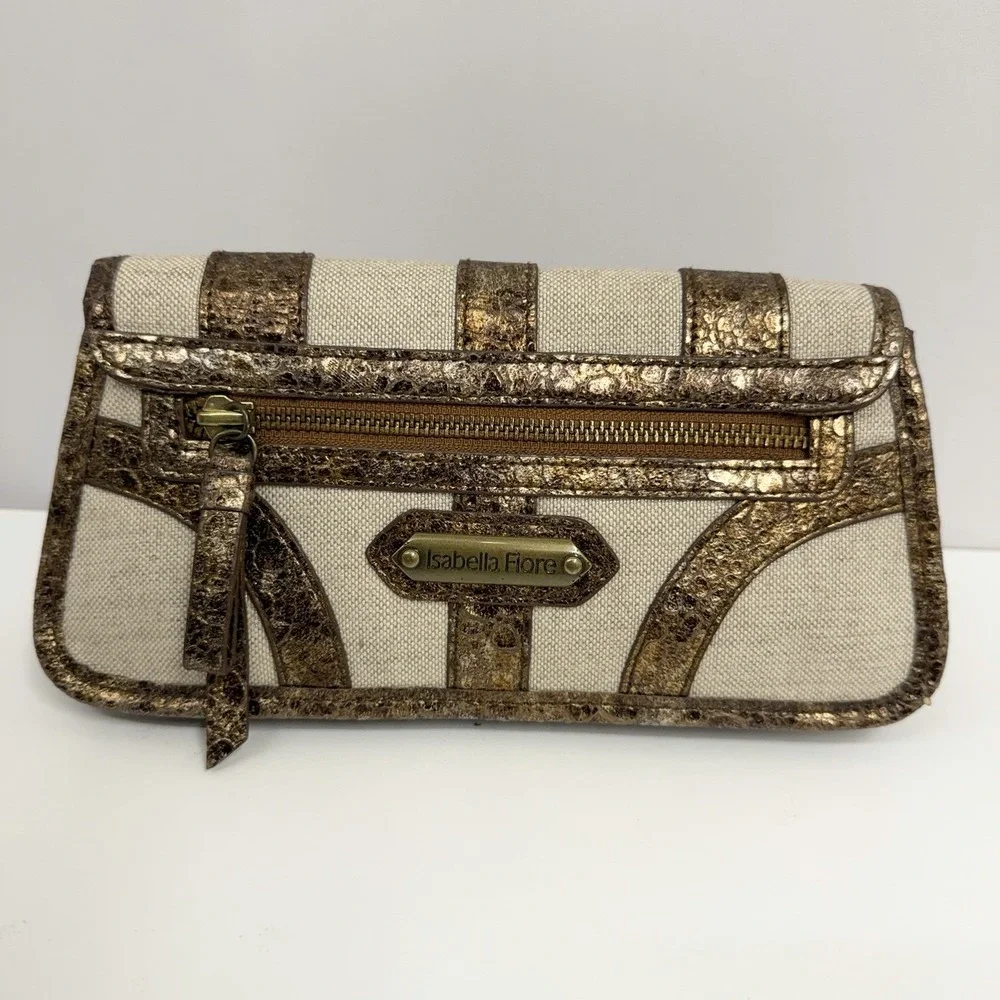 Isabella Fiore Clutch Bag Purse City Lights Clara Bronze Flax Leather & Linen